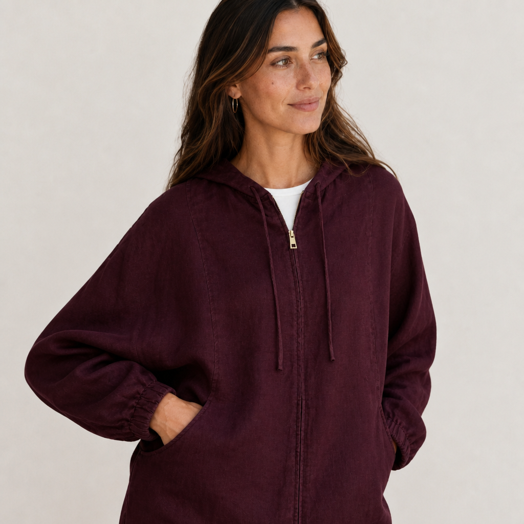 Women's burgundy linen hooded jacket with oversized fit and zip front by STATE OF HER