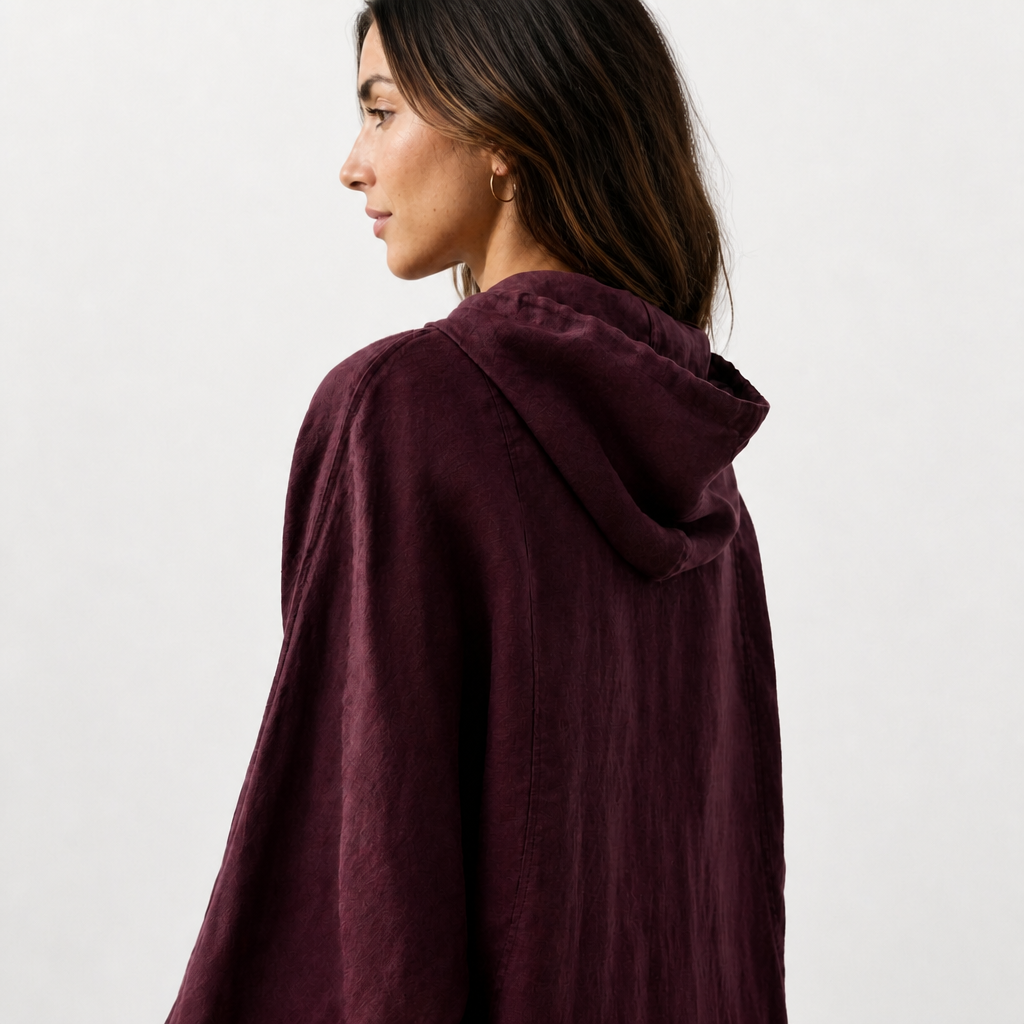 Women's burgundy linen hooded jacket with oversized fit and zip front by STATE OF HER