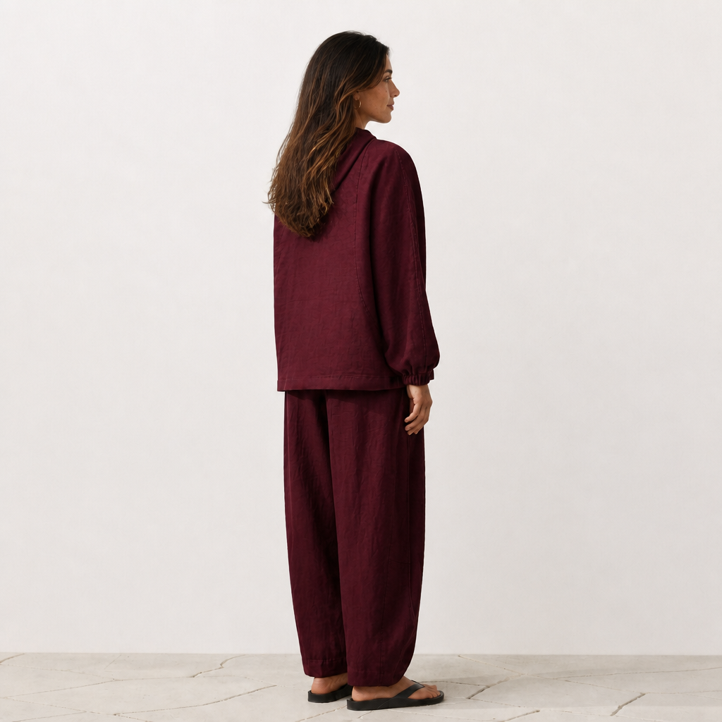 Women's burgundy linen hooded jacket with oversized fit and zip front by STATE OF HER