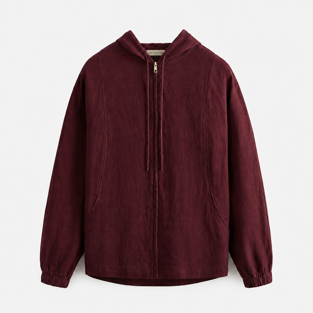 Women's burgundy linen hooded jacket with oversized fit and zip front by STATE OF HER