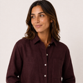 Women's burgundy oversized linen shirt with button front and dropped shoulders by STATE OF HER