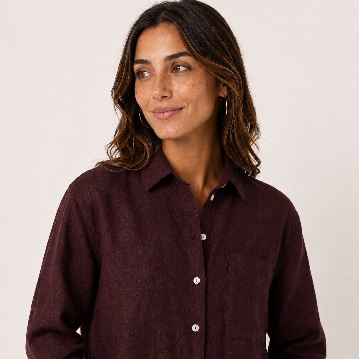 Women's burgundy oversized linen shirt with button front and dropped shoulders by STATE OF HER