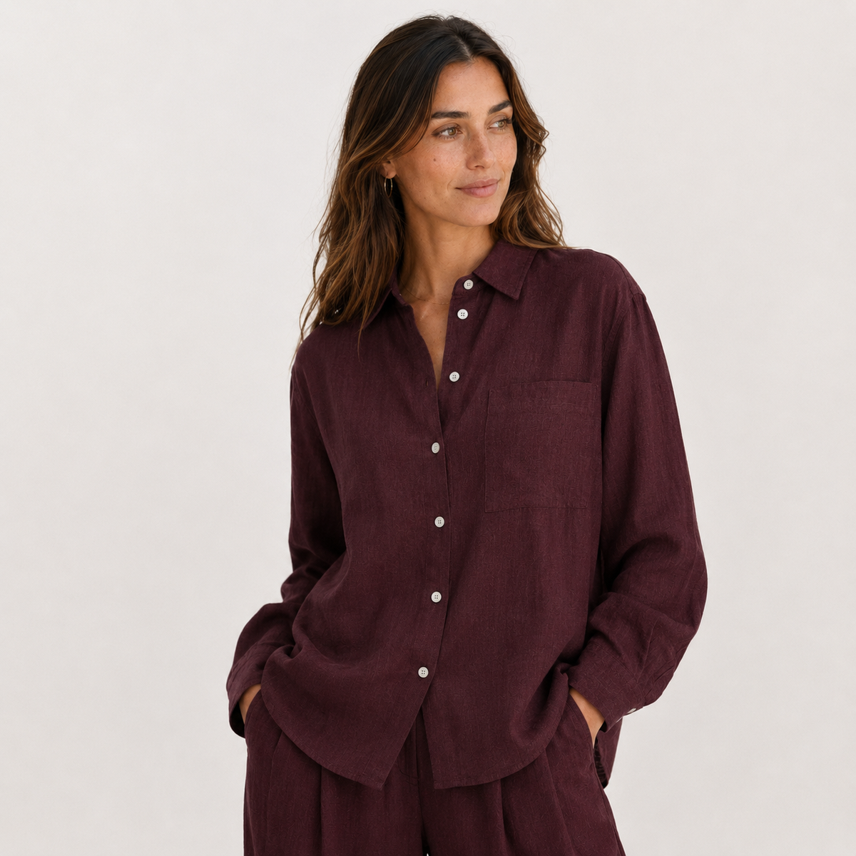 Women's burgundy oversized linen shirt with button front and dropped shoulders by STATE OF HER