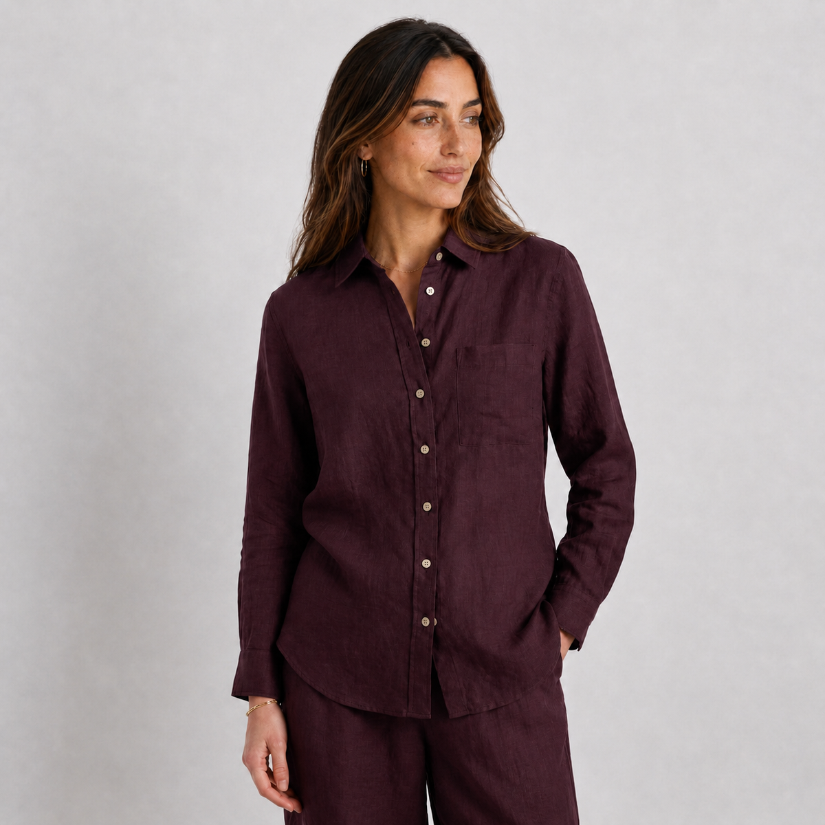 Women's burgundy oversized linen shirt with button front and dropped shoulders by STATE OF HER