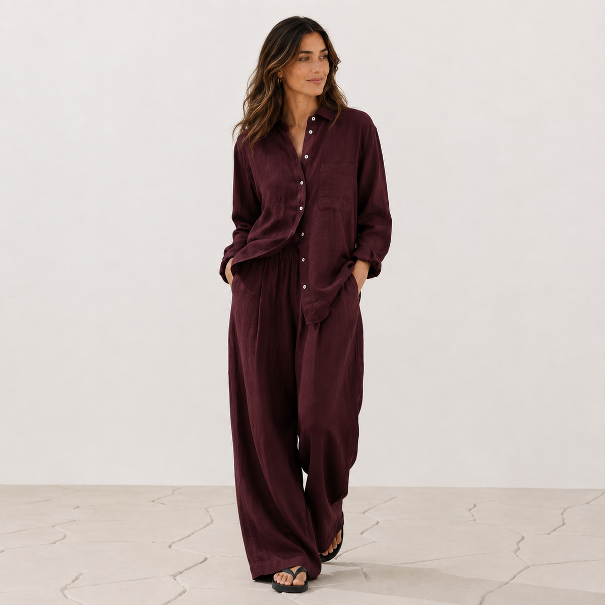 Women's burgundy oversized linen shirt with button front and dropped shoulders by STATE OF HER