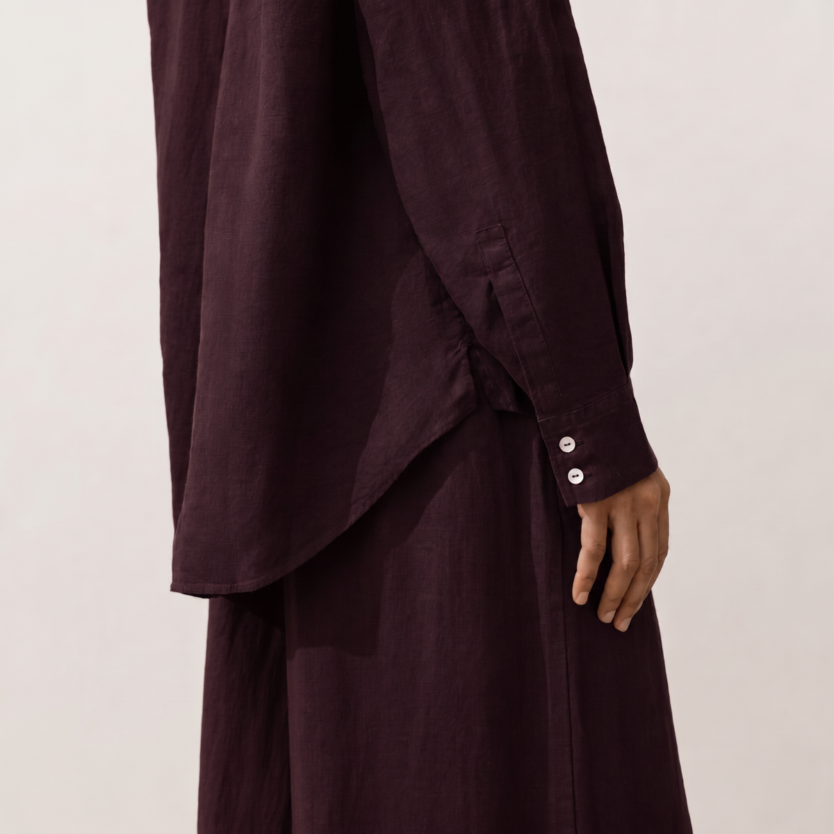 Women's burgundy oversized linen shirt with button front and dropped shoulders by STATE OF HER