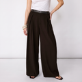Women's dark brown maxi darted trousers with fluid wide leg and sculptural front drape by STATE OF HER