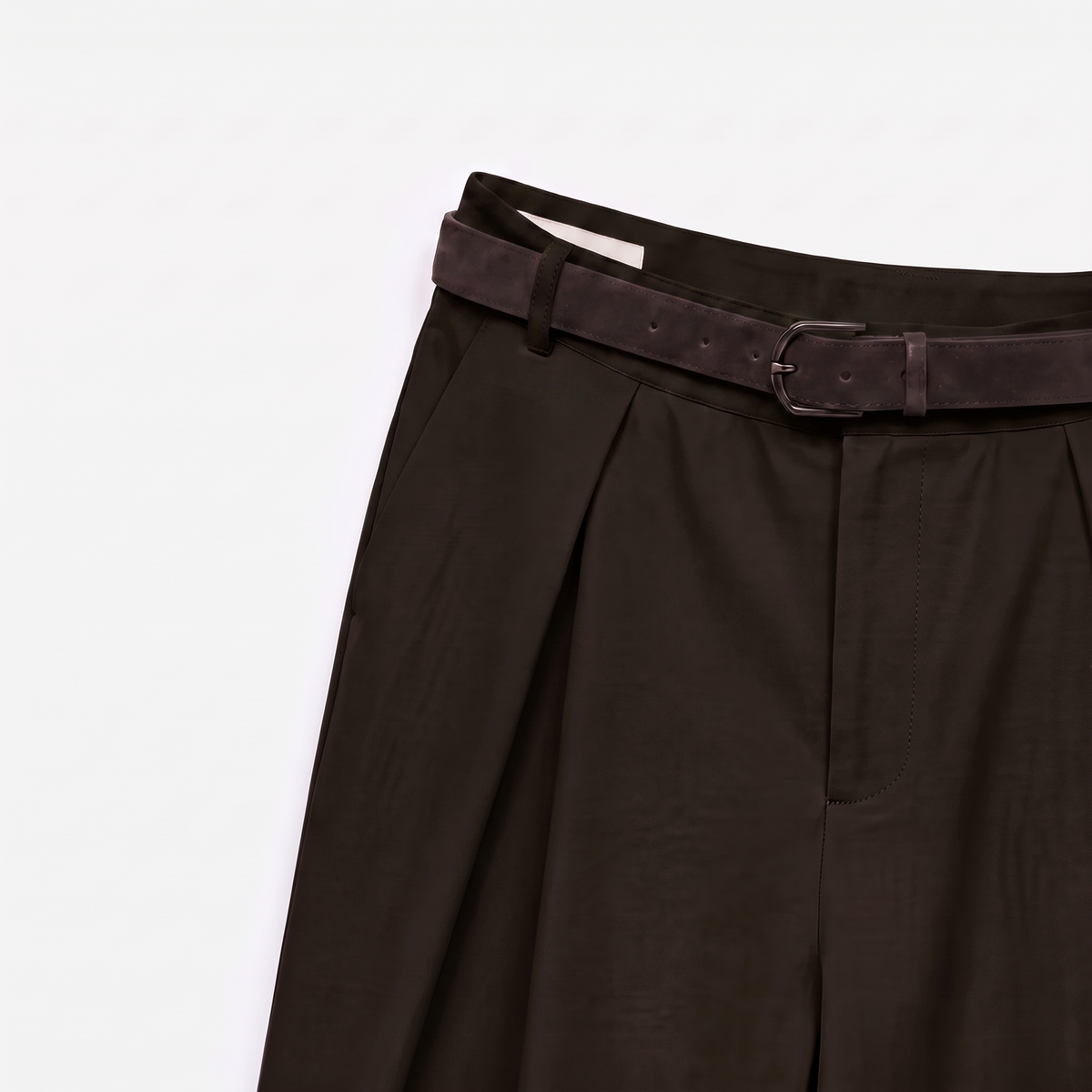Women's dark brown maxi darted trousers with fluid wide leg and sculptural front drape by STATE OF HER