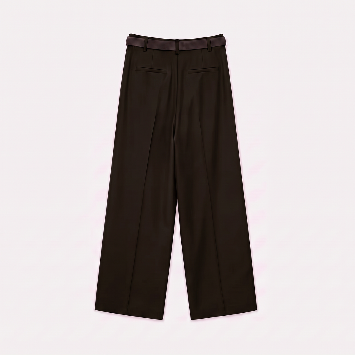 Women's dark brown maxi darted trousers with fluid wide leg and sculptural front drape by STATE OF HER