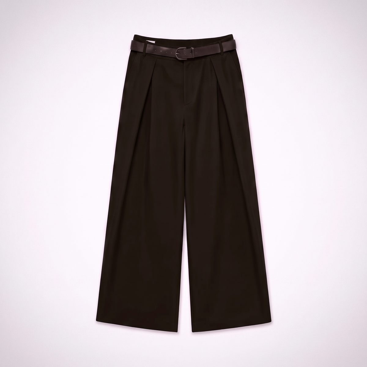 Women's dark brown maxi darted trousers with fluid wide leg and sculptural front drape by STATE OF HER