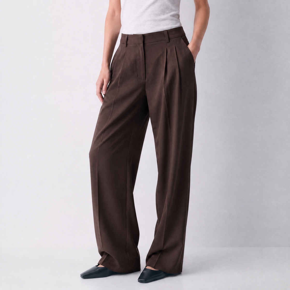Women's dark brown wide-leg tailored trousers with double front pleats and fluid drape by STATE OF HER