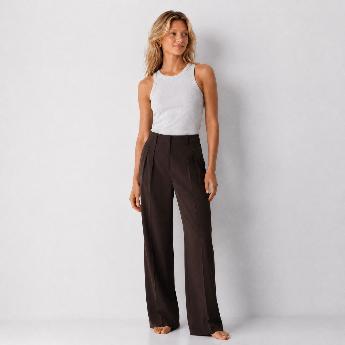 Women's dark brown wide-leg tailored trousers with double front pleats and fluid drape by STATE OF HER