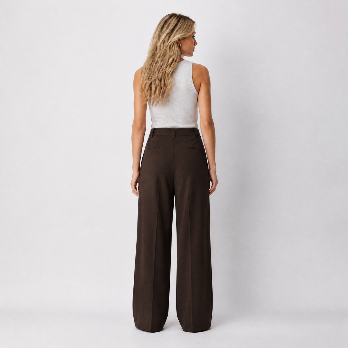 Women's dark brown wide-leg tailored trousers with double front pleats and fluid drape by STATE OF HER