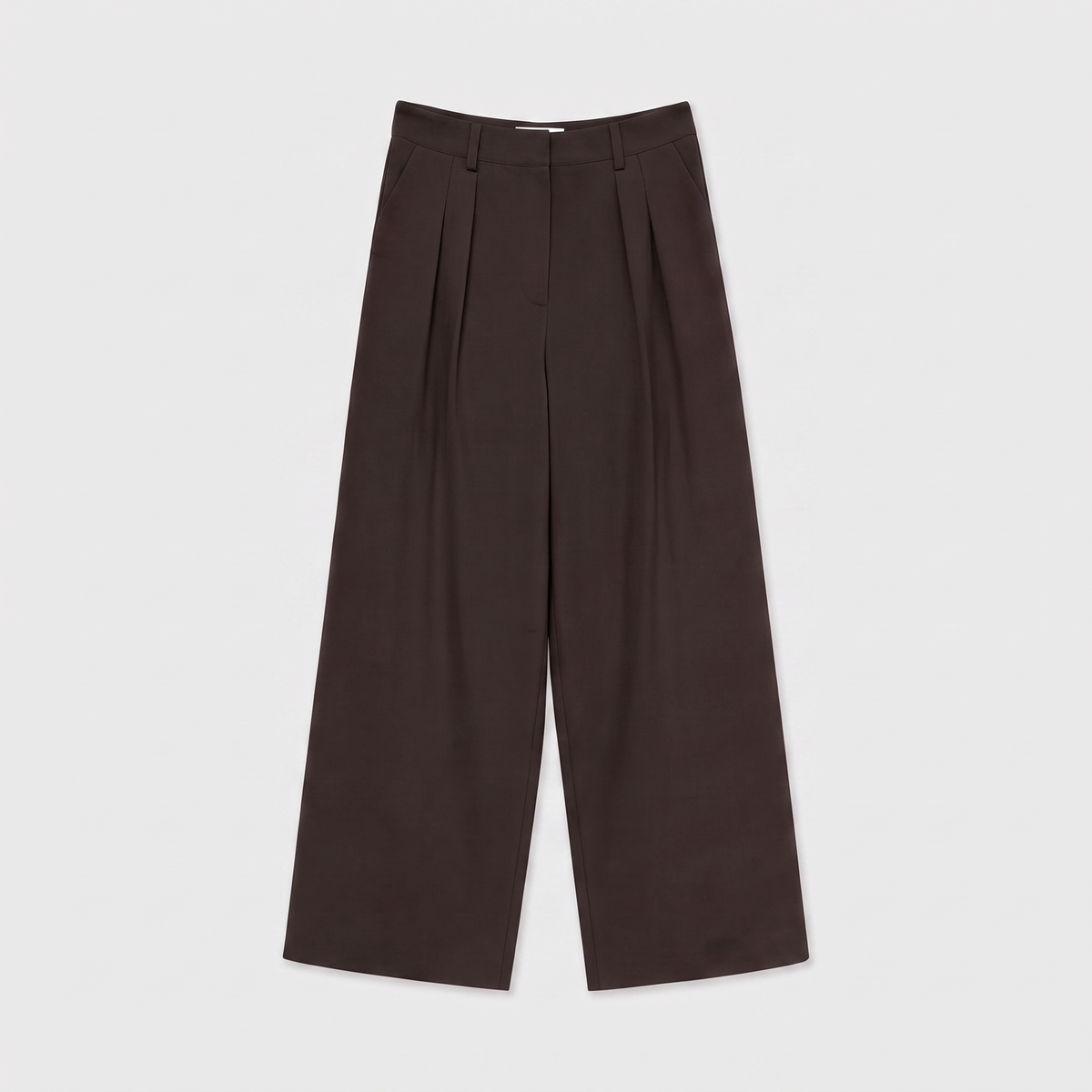 Women's dark brown wide-leg tailored trousers with double front pleats and fluid drape by STATE OF HER