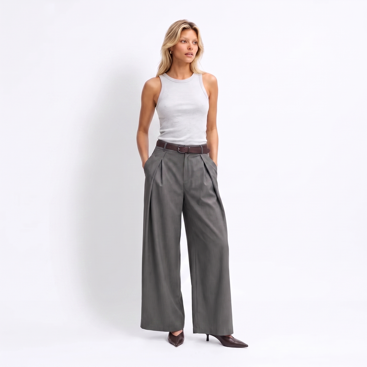 Women's gray maxi darted trousers with fluid wide leg and sculptural front drape by STATE OF HER