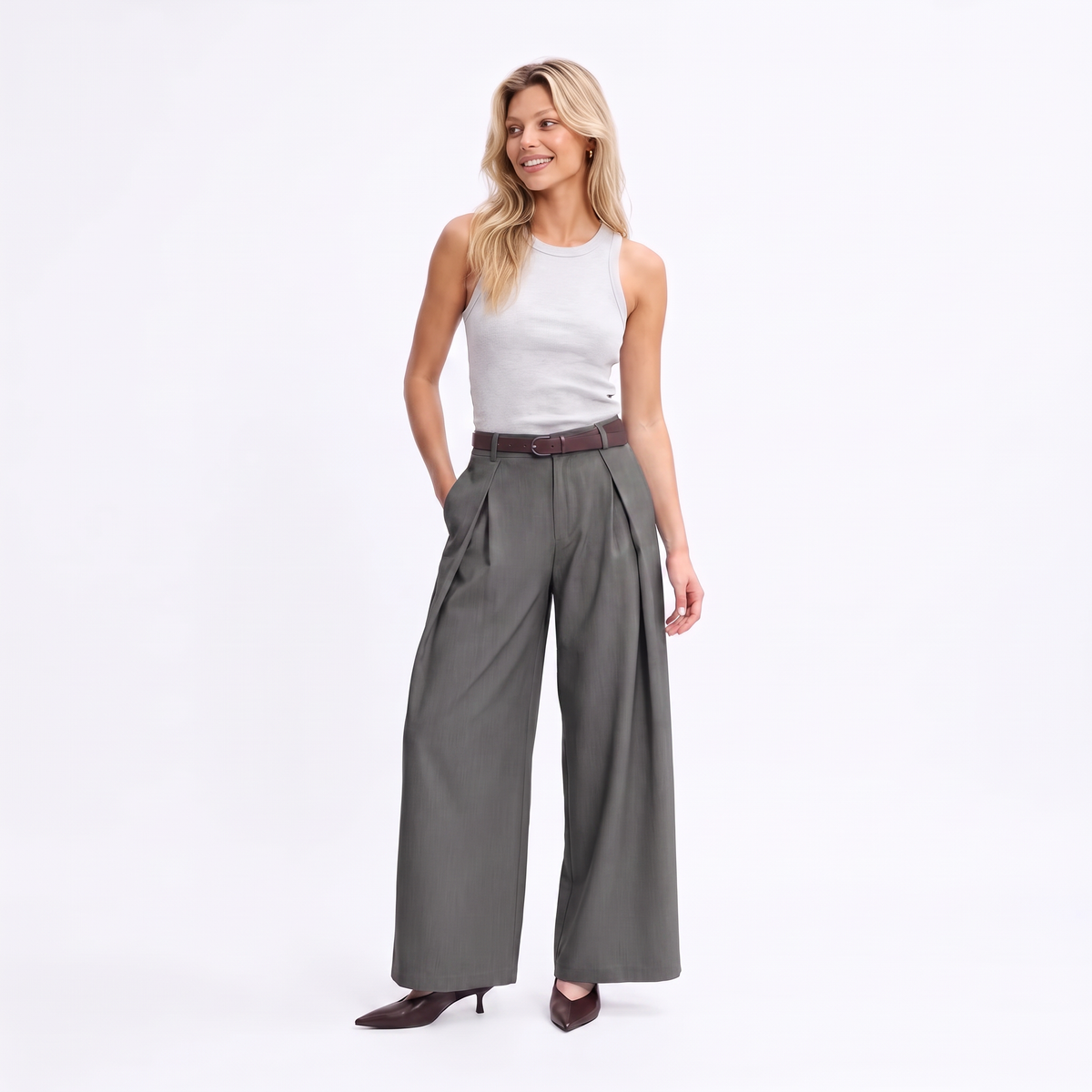 Women's gray maxi darted trousers with fluid wide leg and sculptural front drape by STATE OF HER