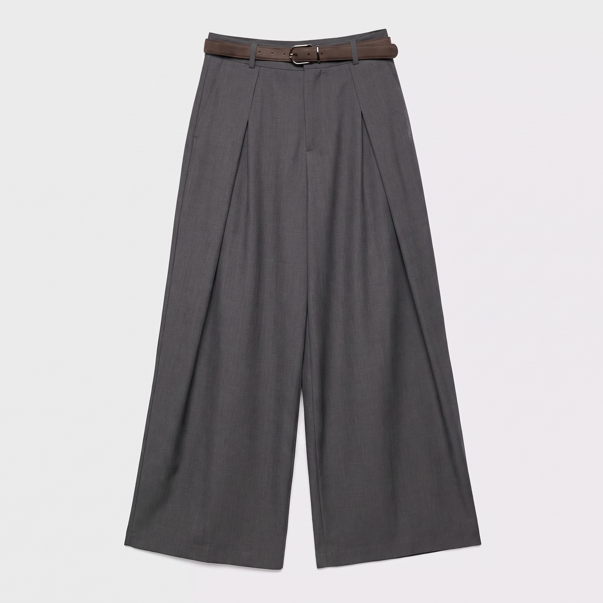 Women's gray maxi darted trousers with fluid wide leg and sculptural front drape by STATE OF HER