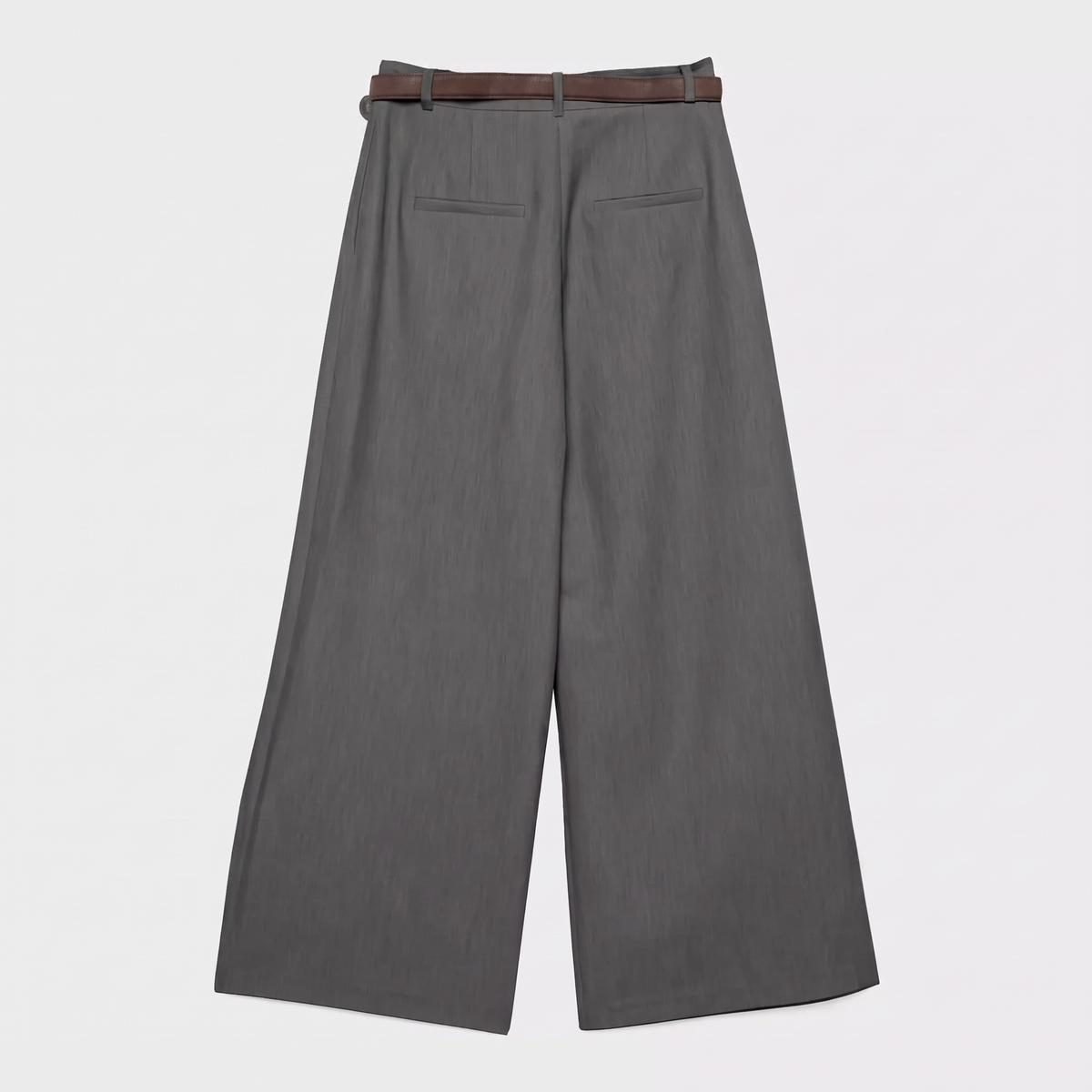 Women's gray maxi darted trousers with fluid wide leg and sculptural front drape by STATE OF HER