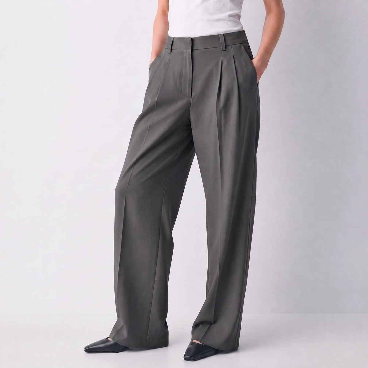 Women's gray wide-leg tailored trousers with double front pleats and fluid drape by STATE OF HER