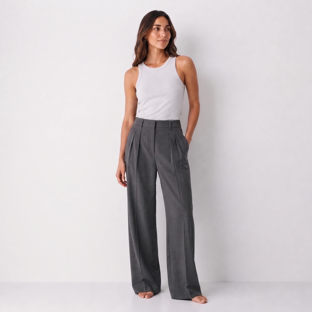 Women's gray wide-leg tailored trousers with double front pleats and fluid drape by STATE OF HER
