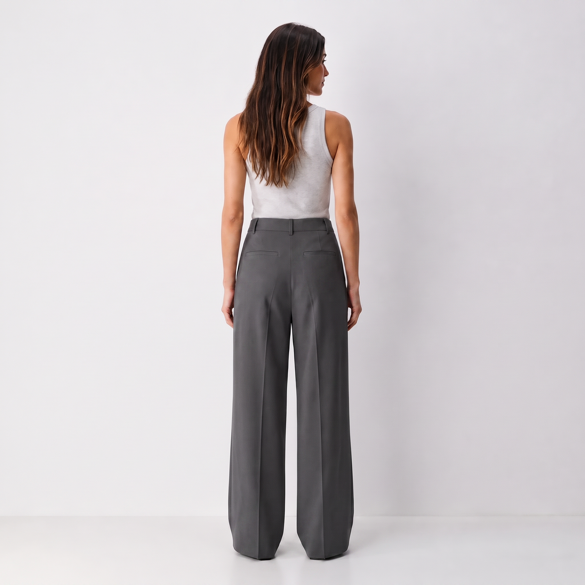 Women's gray wide-leg tailored trousers with double front pleats and fluid drape by STATE OF HER