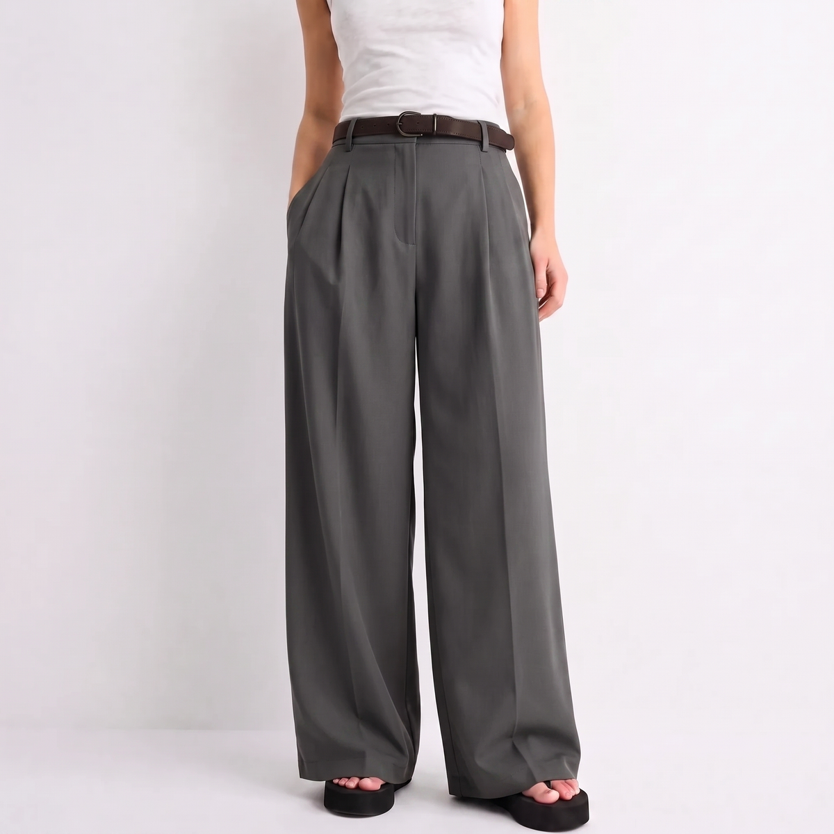 Women's gray wide-leg tailored trousers with double front pleats and fluid drape by STATE OF HER