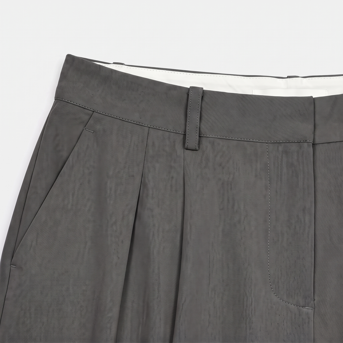 Women's gray wide-leg tailored trousers with double front pleats and fluid drape by STATE OF HER