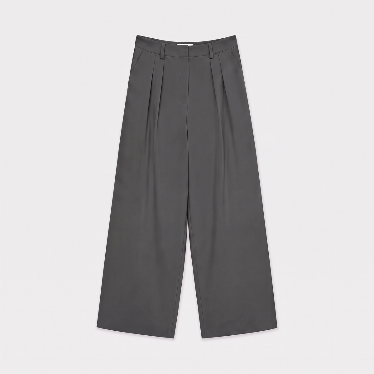 Women's gray wide-leg tailored trousers with double front pleats and fluid drape by STATE OF HER