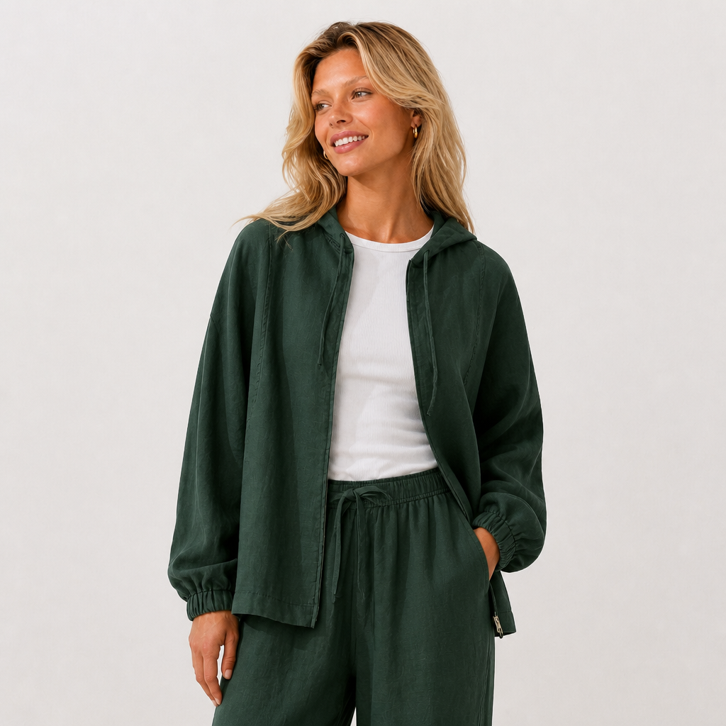 Women's green linen hooded jacket with oversized fit and zip front by STATE OF HER