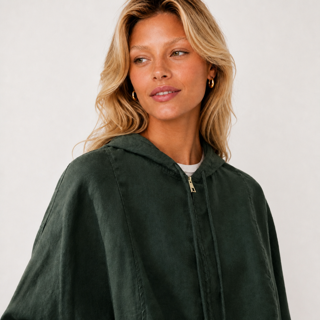 Women's green linen hooded jacket with oversized fit and zip front by STATE OF HER