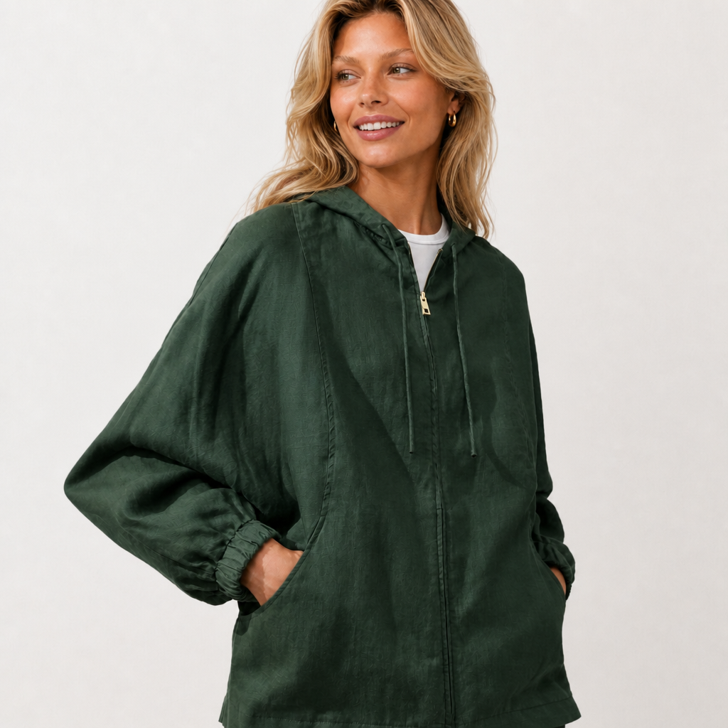 Women's green linen hooded jacket with oversized fit and zip front by STATE OF HER