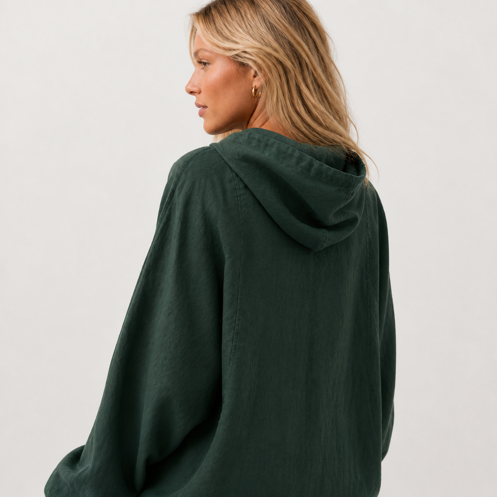 Women's green linen hooded jacket with oversized fit and zip front by STATE OF HER