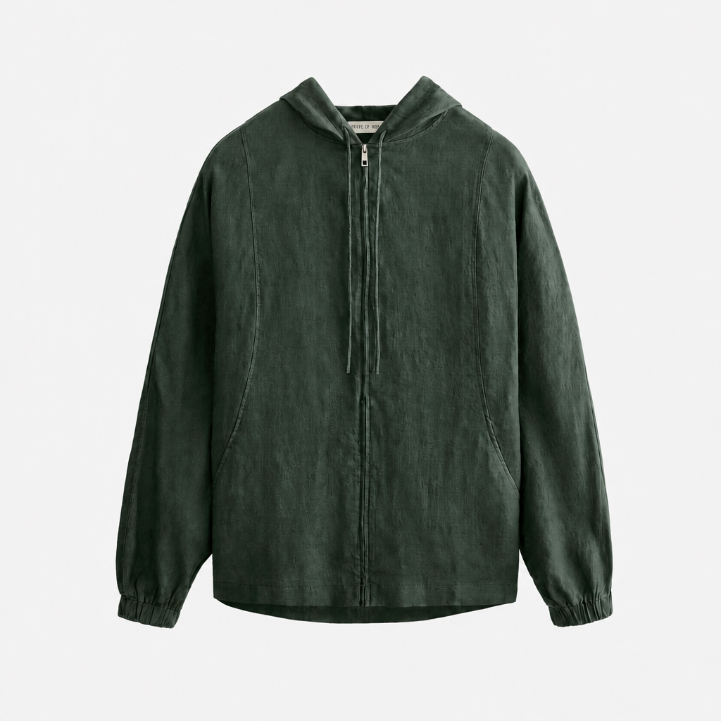Women's green linen hooded jacket with oversized fit and zip front by STATE OF HER