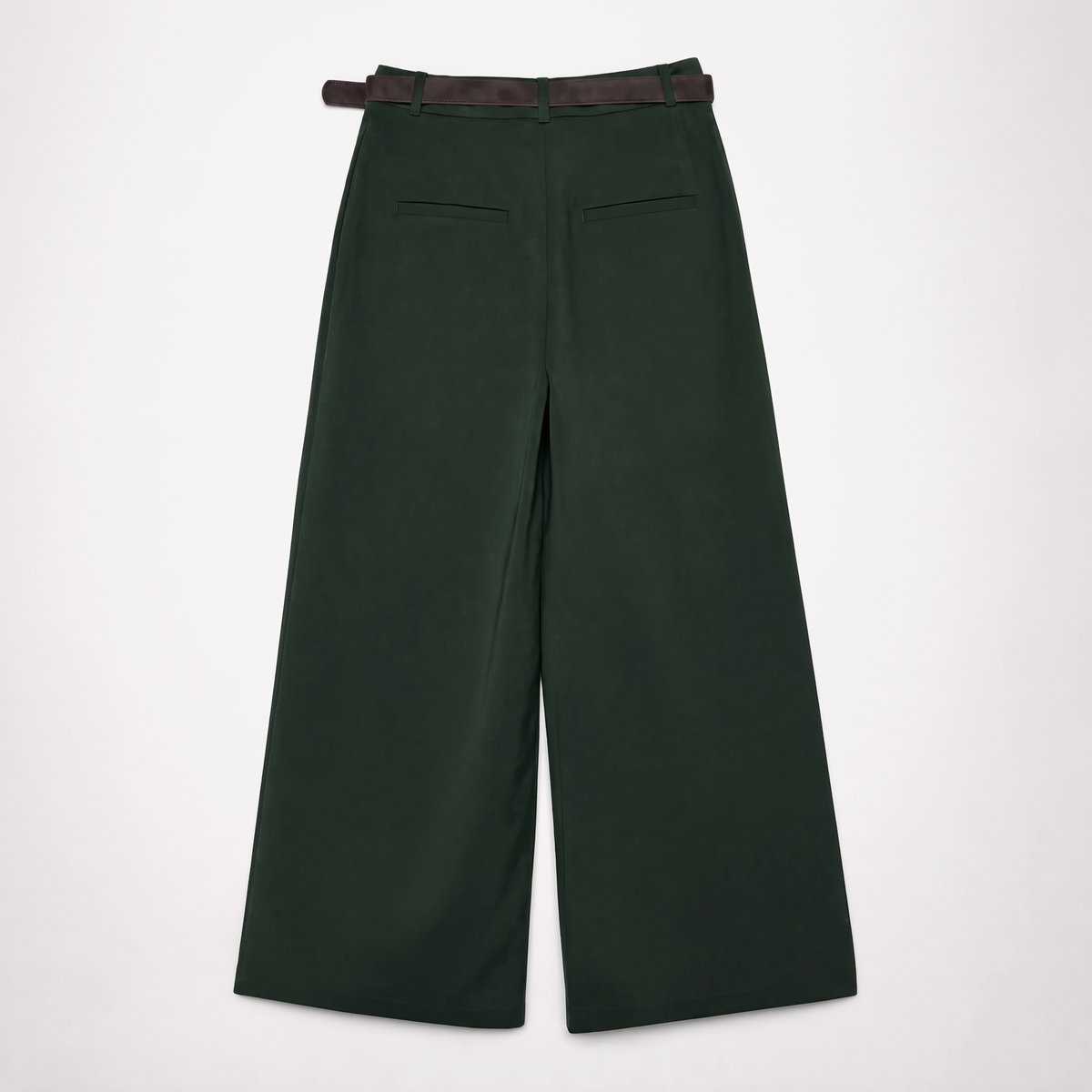 Women's green maxi darted trousers with fluid wide leg and sculptural front drape by STATE OF HER