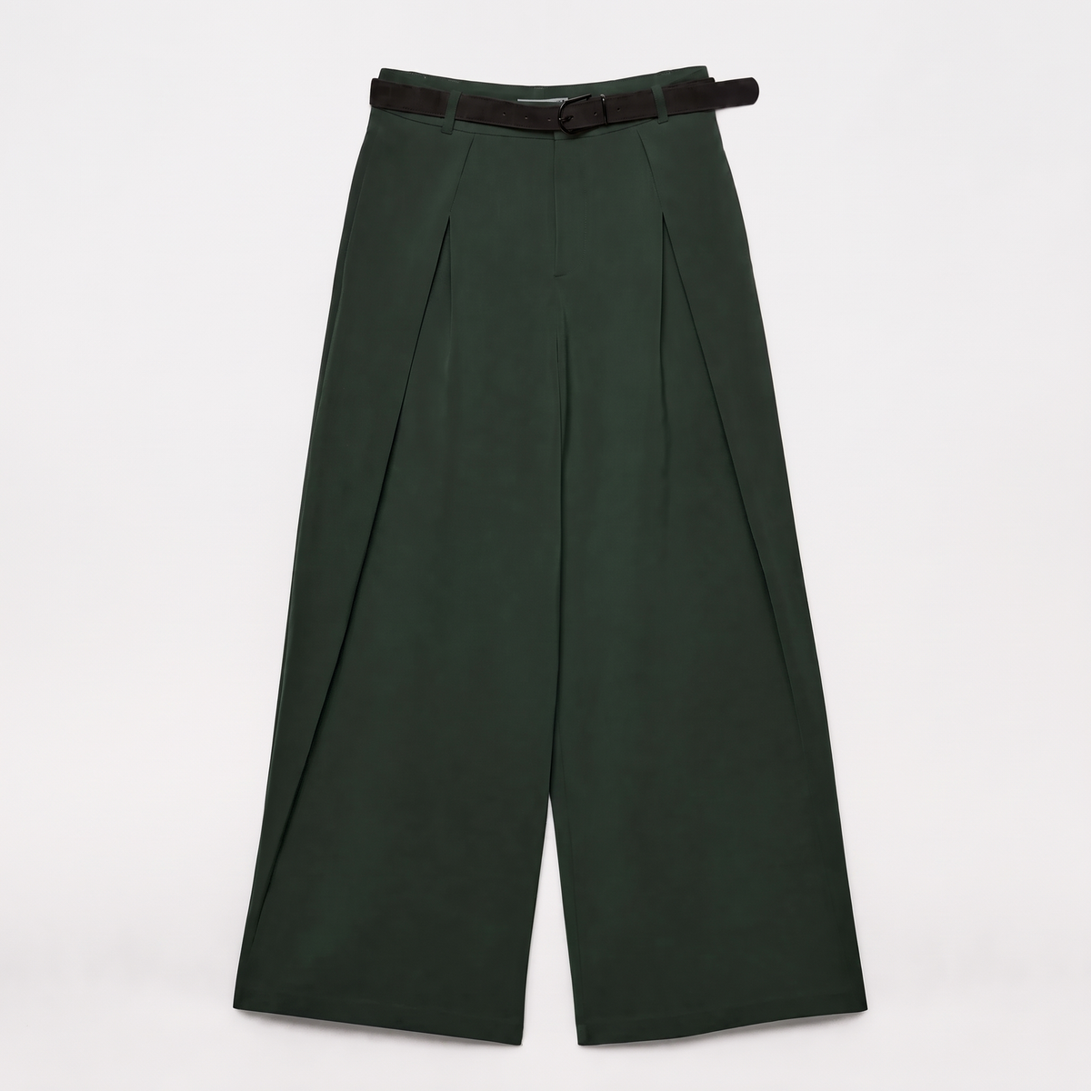 Women's green maxi darted trousers with fluid wide leg and sculptural front drape by STATE OF HER