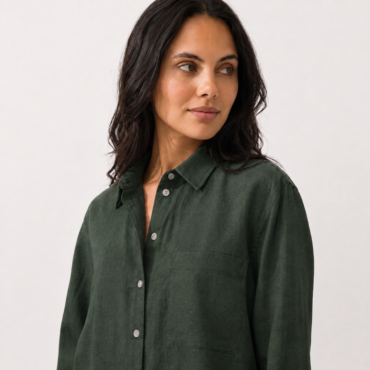 Women's green oversized linen shirt with button front and dropped shoulders by STATE OF HER