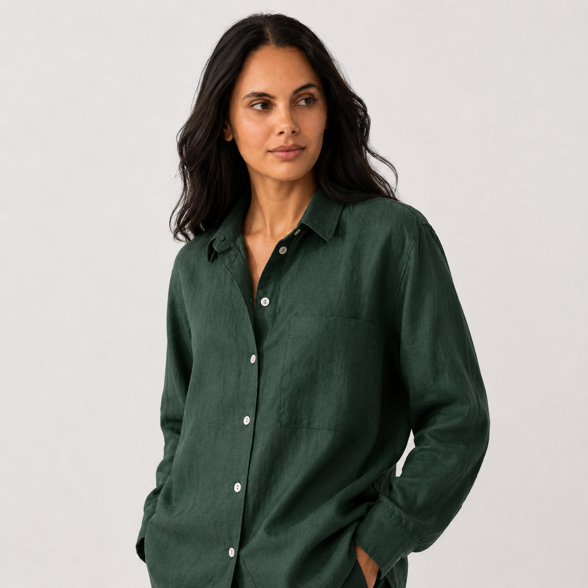 Women's green oversized linen shirt with button front and dropped shoulders by STATE OF HER