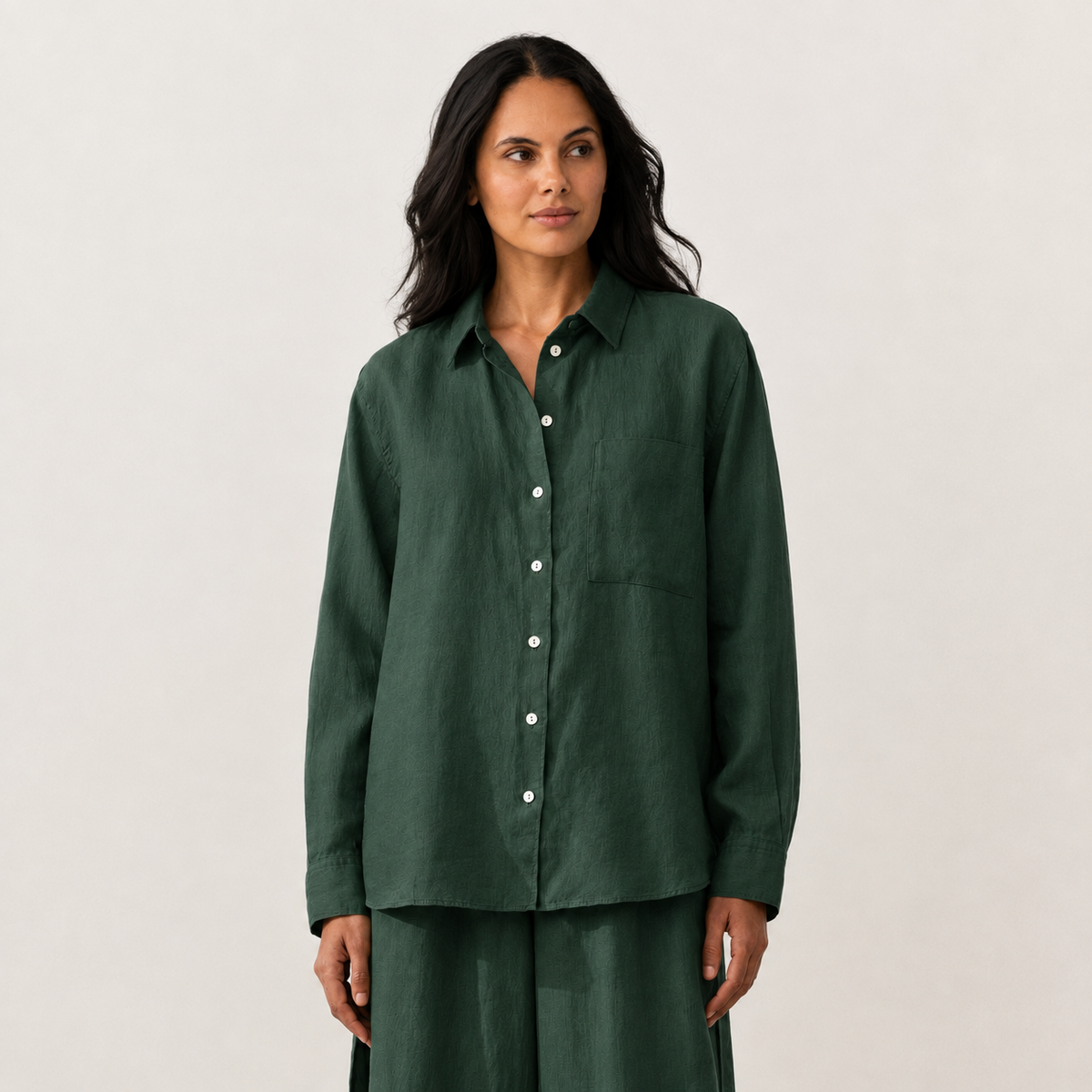 Women's green oversized linen shirt with button front and dropped shoulders by STATE OF HER