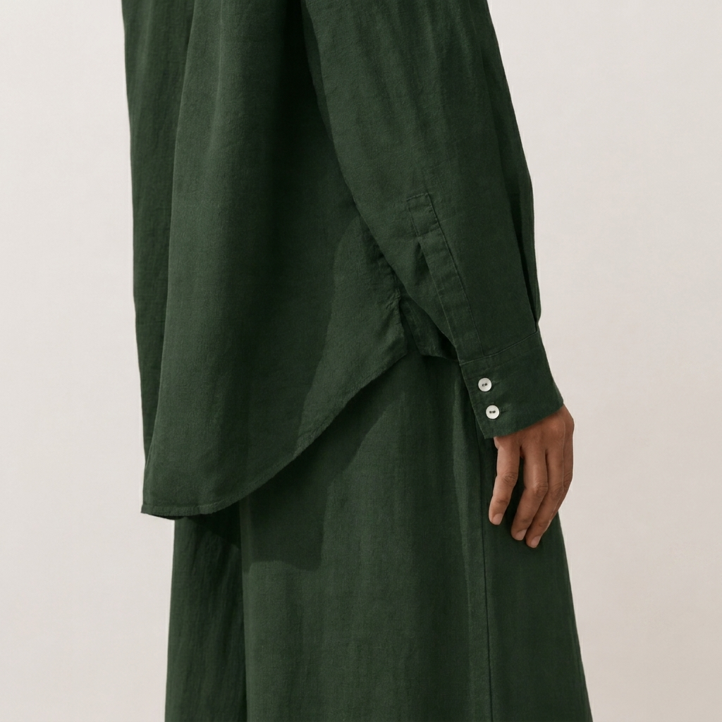 Women's green oversized linen shirt with button front and dropped shoulders by STATE OF HER