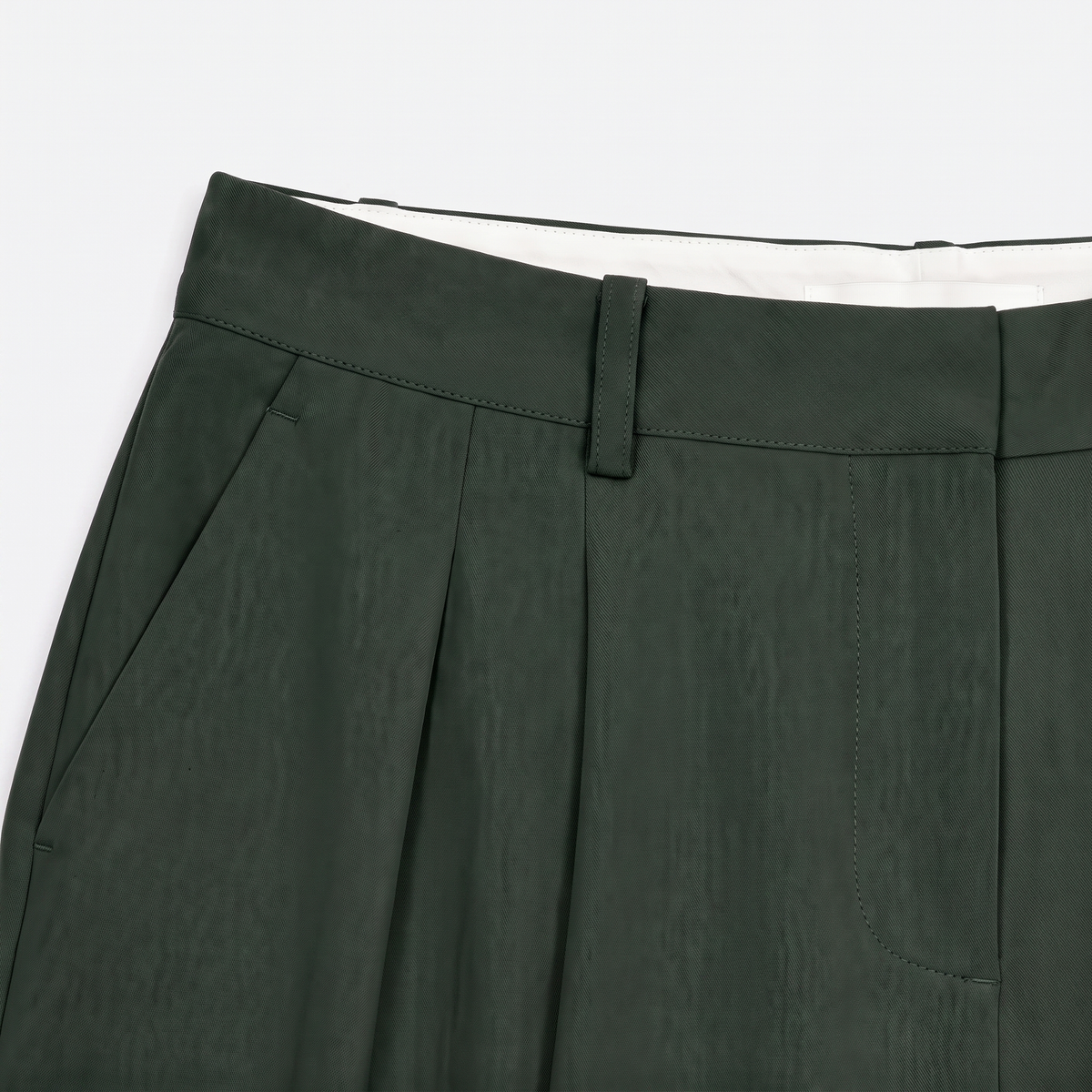 Women's green wide-leg tailored trousers with double front pleats and fluid drape by STATE OF HER