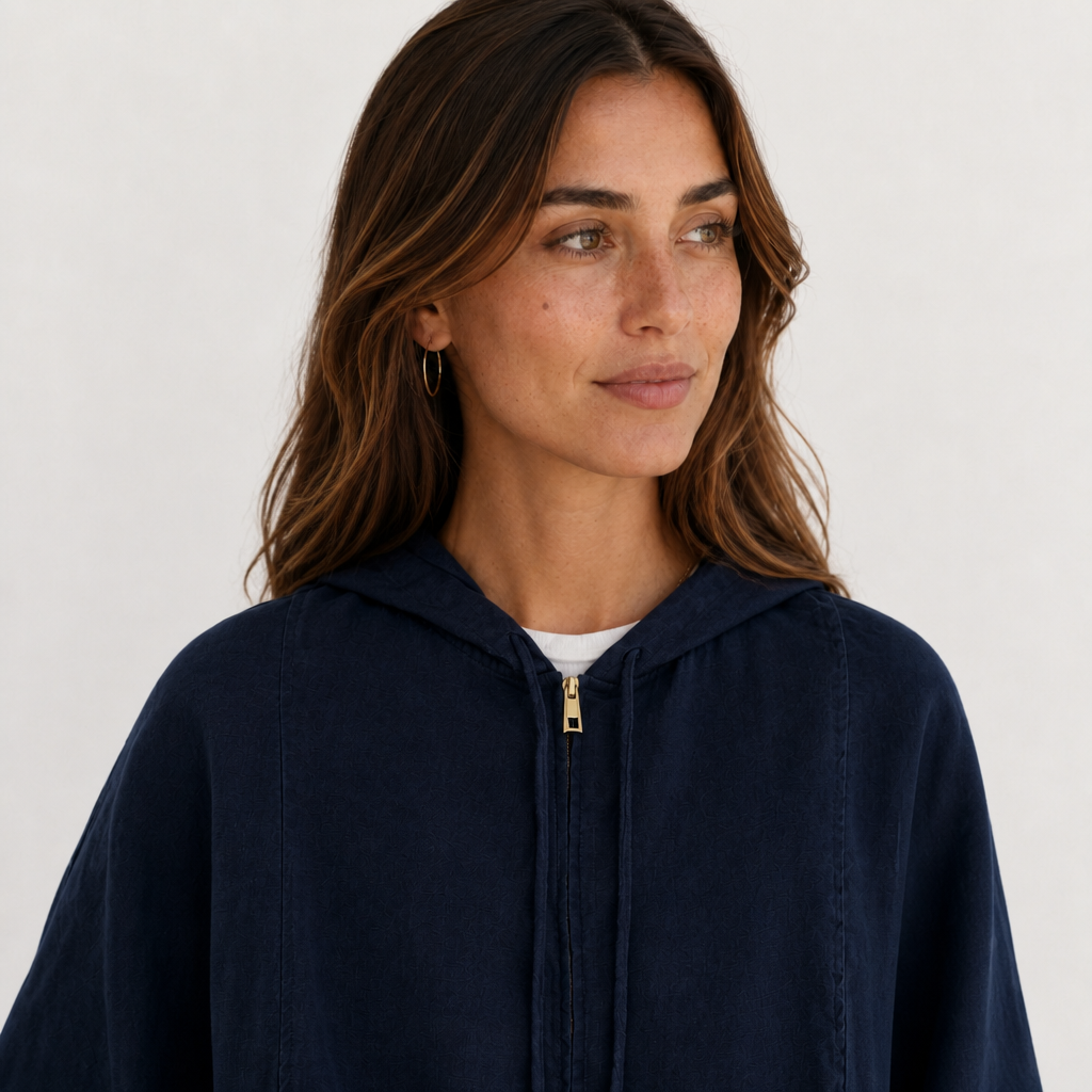 Women's navy linen hooded jacket with oversized fit and zip front by STATE OF HER