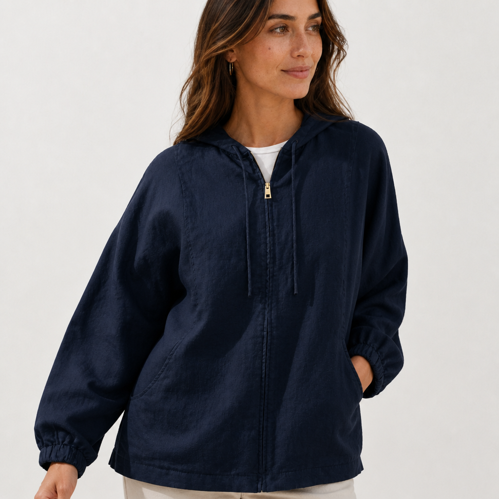 Women's navy linen hooded jacket with oversized fit and zip front by STATE OF HER