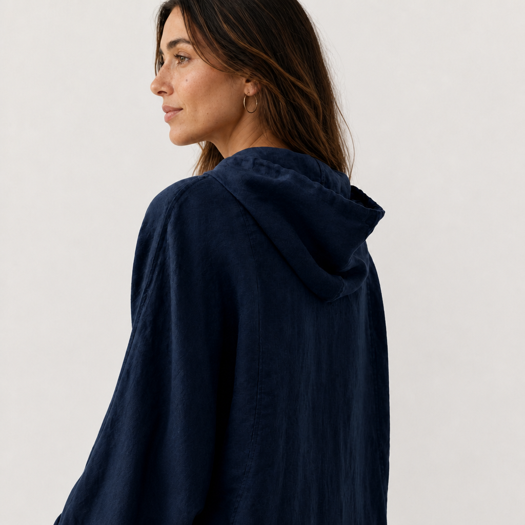 Women's navy linen hooded jacket with oversized fit and zip front by STATE OF HER