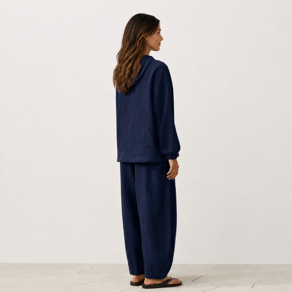 Women's navy linen hooded jacket with oversized fit and zip front by STATE OF HER