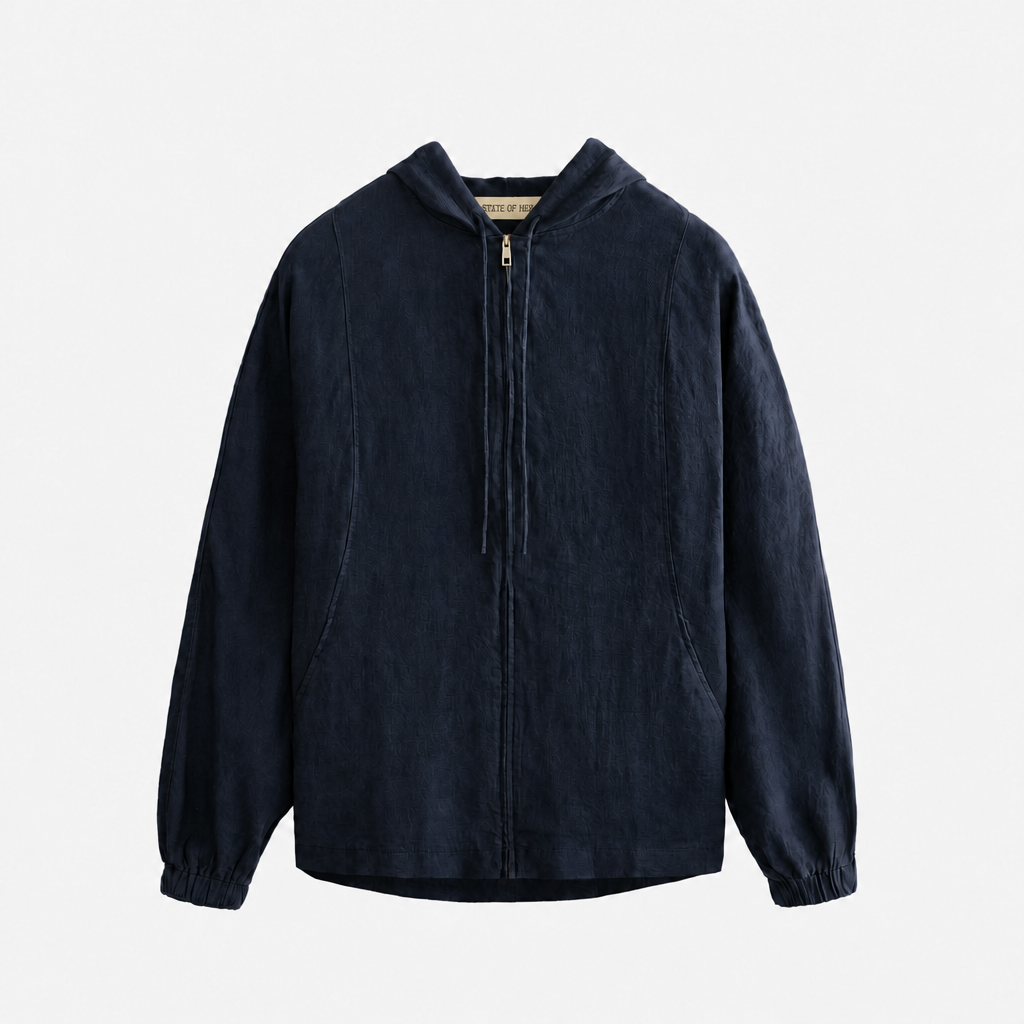 Women's navy linen hooded jacket with oversized fit and zip front by STATE OF HER