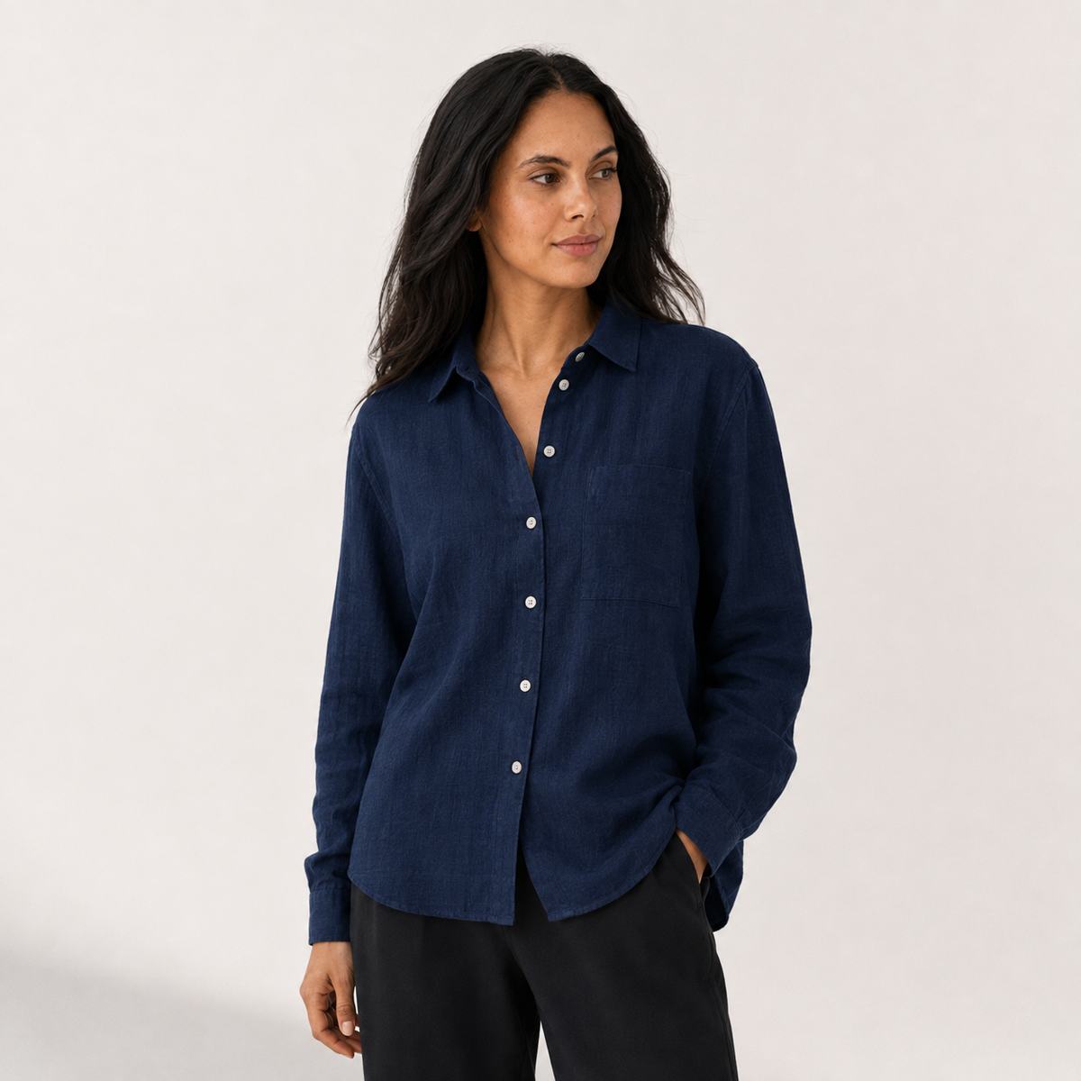 Women's navy oversized linen shirt with button front and dropped shoulders by STATE OF HER