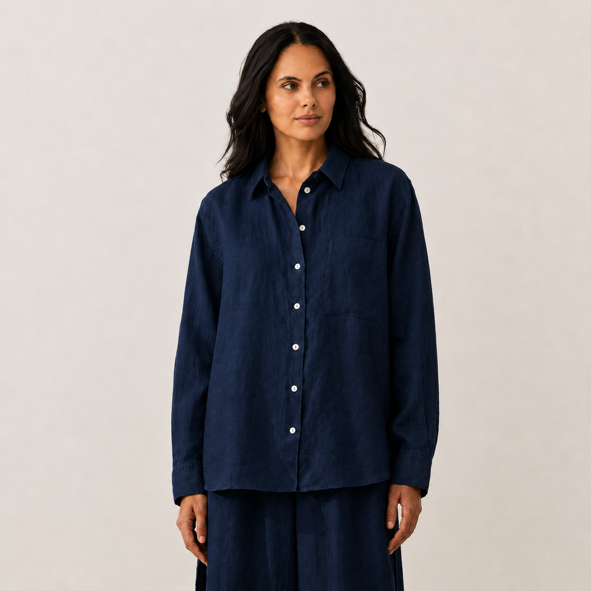 Women's navy oversized linen shirt with button front and dropped shoulders by STATE OF HER