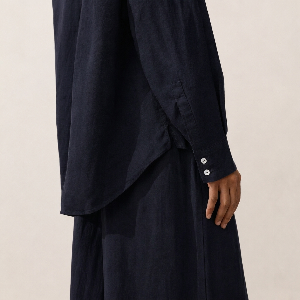 Women's navy oversized linen shirt with button front and dropped shoulders by STATE OF HER
