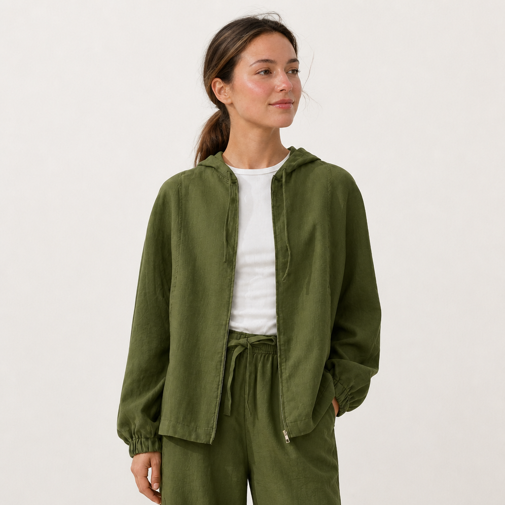 Women's olive linen hooded jacket with oversized fit and zip front by STATE OF HER