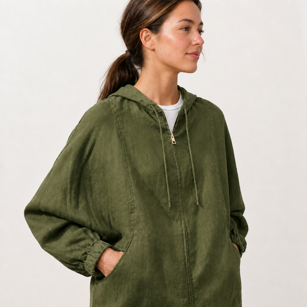Women's olive linen hooded jacket with oversized fit and zip front by STATE OF HER